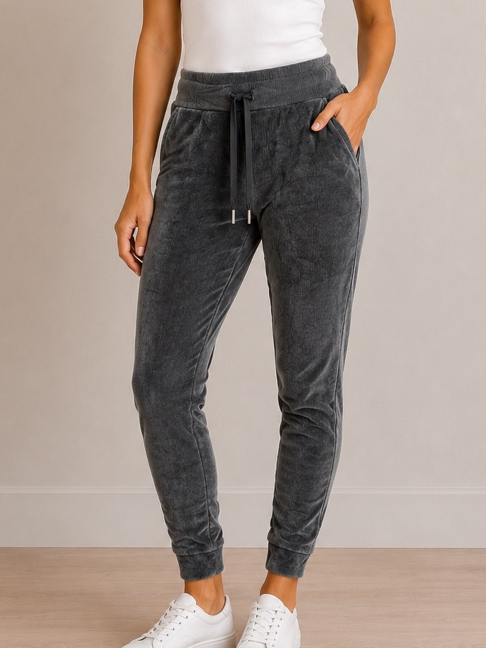 Elissia Made in Italy Ribbed Corduroy Jogger Pants High Rise Drawstring Gray S